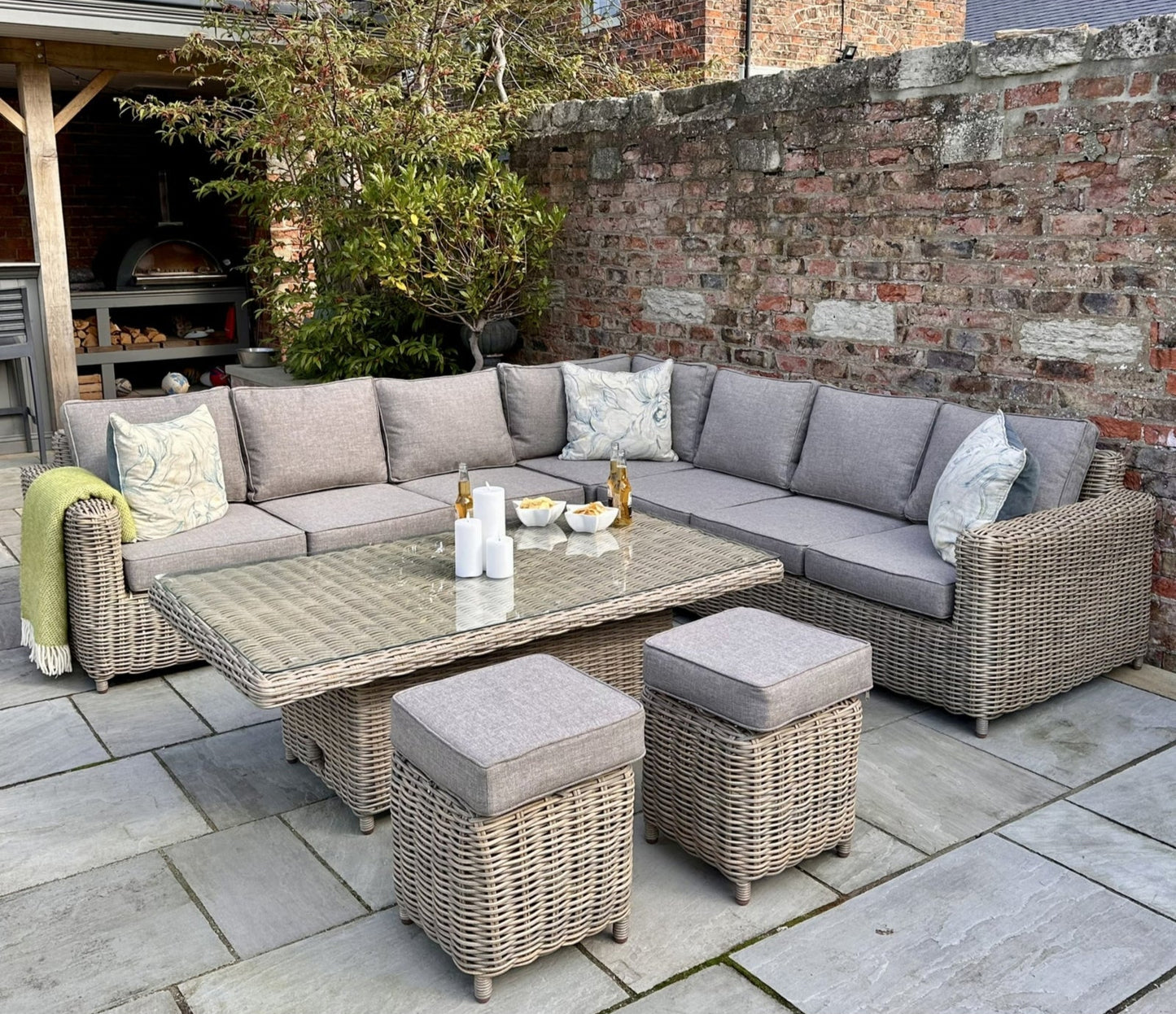 AMALFI COLLECTION | Outdoor Large Corner Dining Set with Riser Table & 2 Stools