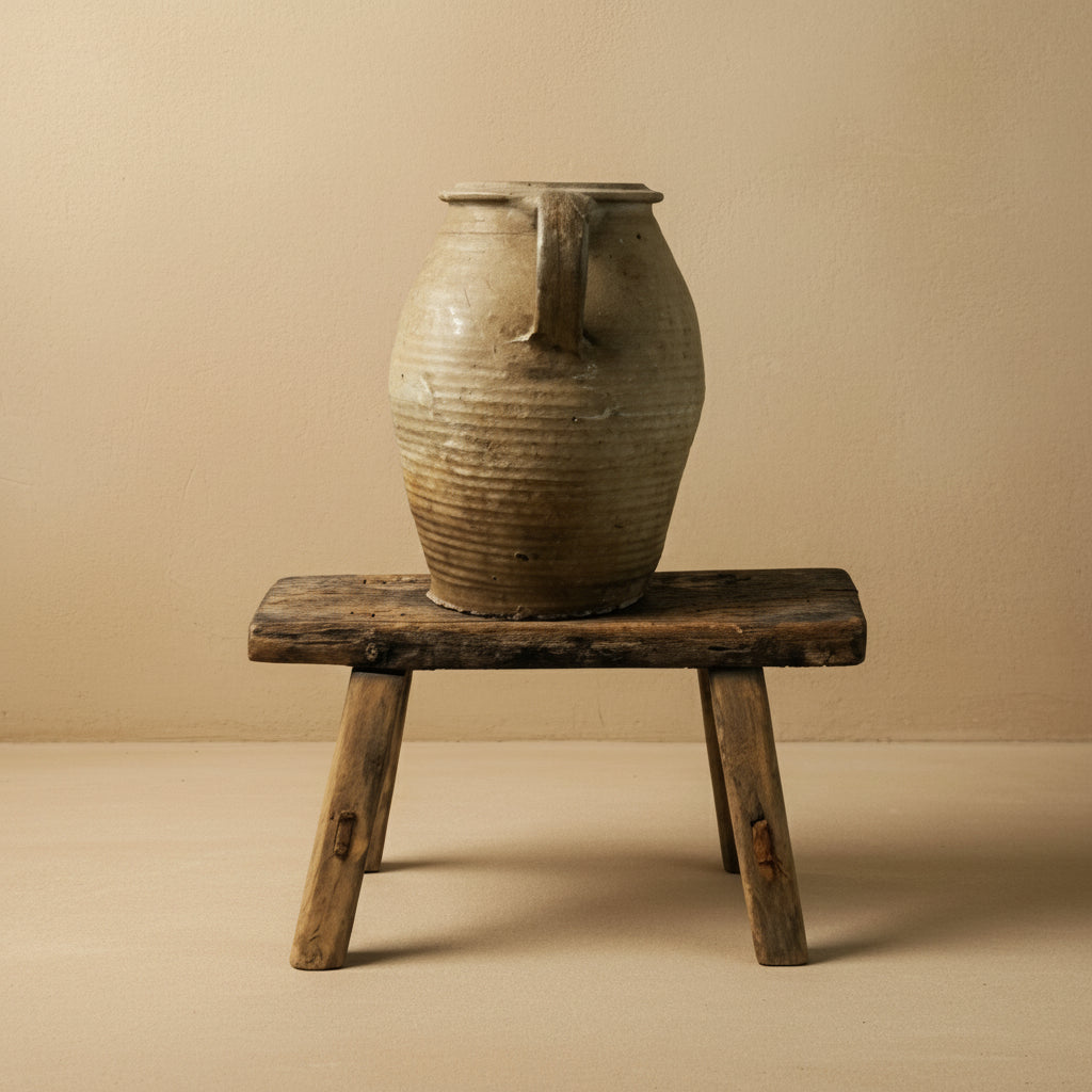 Vintage ceramic jar on a wooden stool against a white background