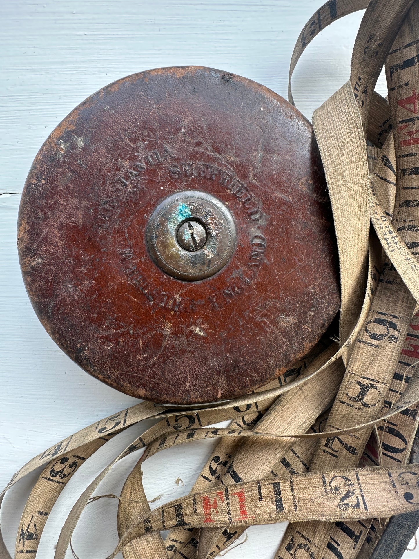 Vintage Chesterman Brass & Leather Cloth Tape Measure