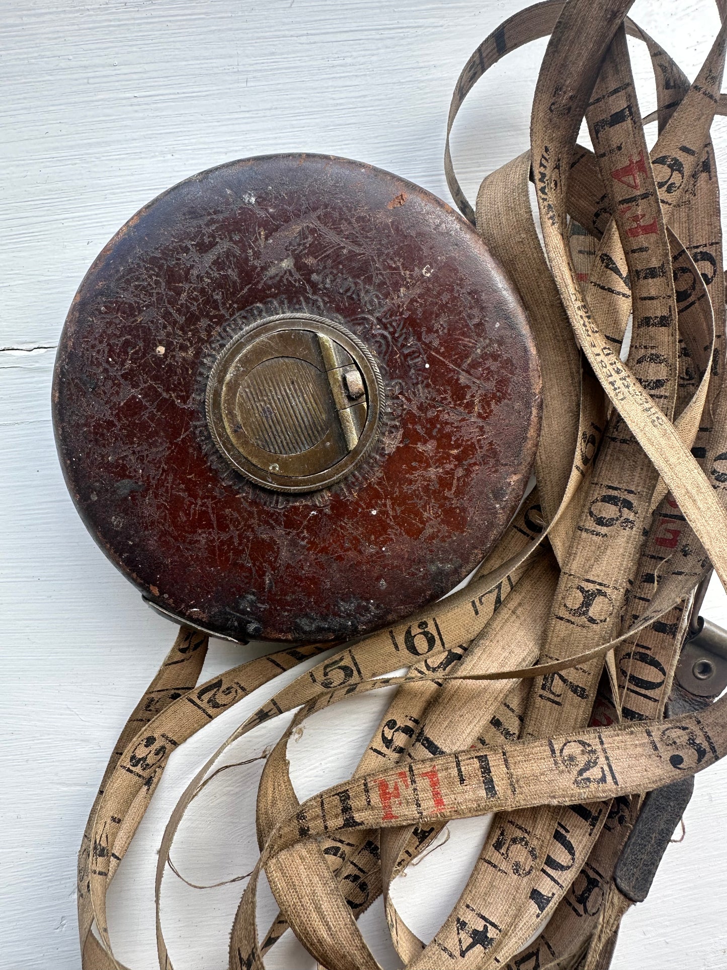 Vintage Chesterman Brass & Leather Cloth Tape Measure