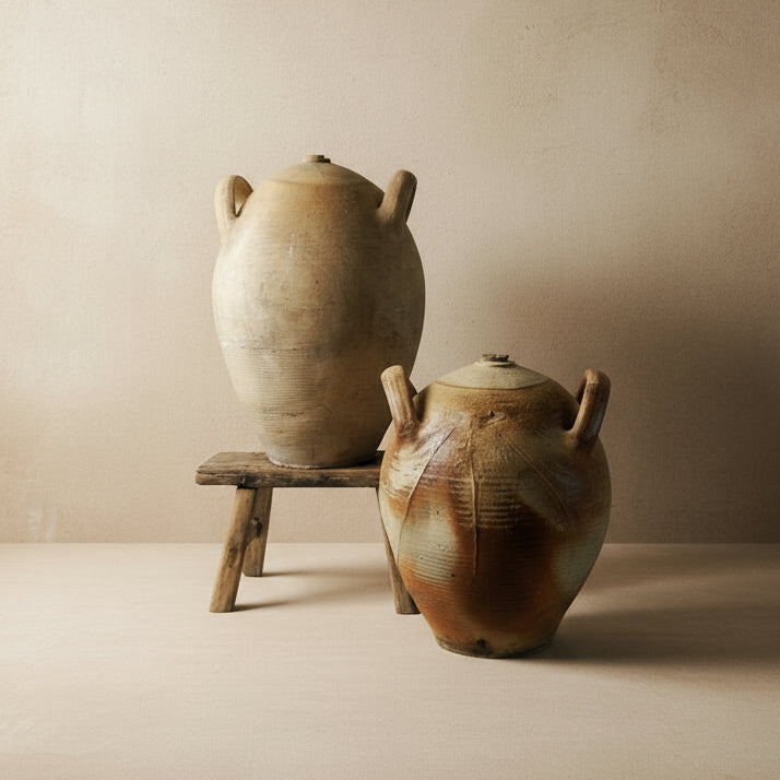 Two ceramic pots with handles on a white background