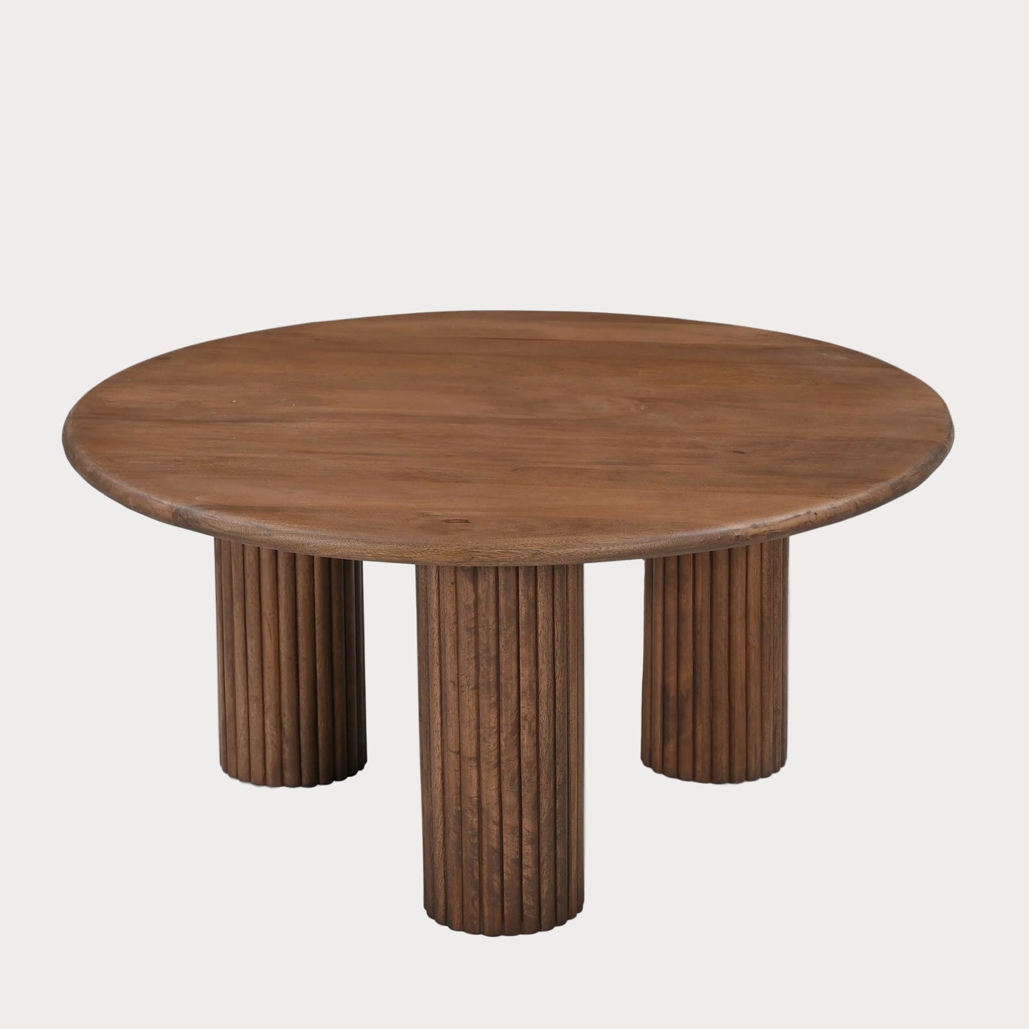 Round wooden table with a unique cylindrical base design on a white background
