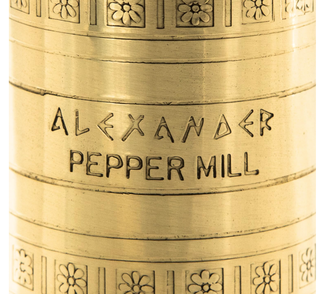 Gold pepper mill with 'Alexander Pepper Mill' engraving on a white background