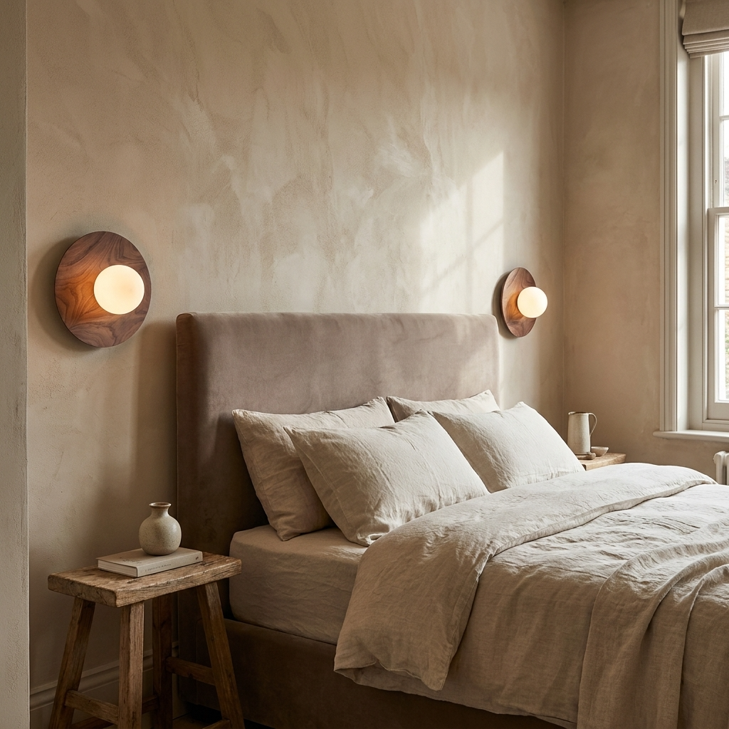 Cozy bedroom with beige walls, bed, and wooden nightstands with walnut wall lamps.