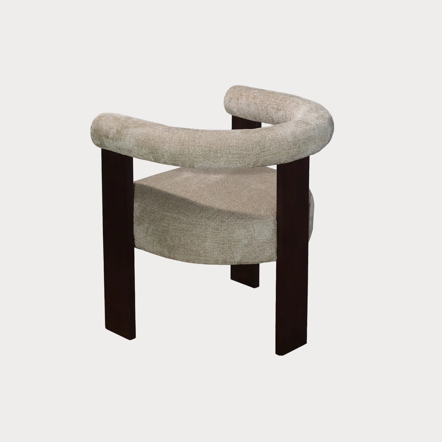 Chair with curved design and dark wooden legs on a white background