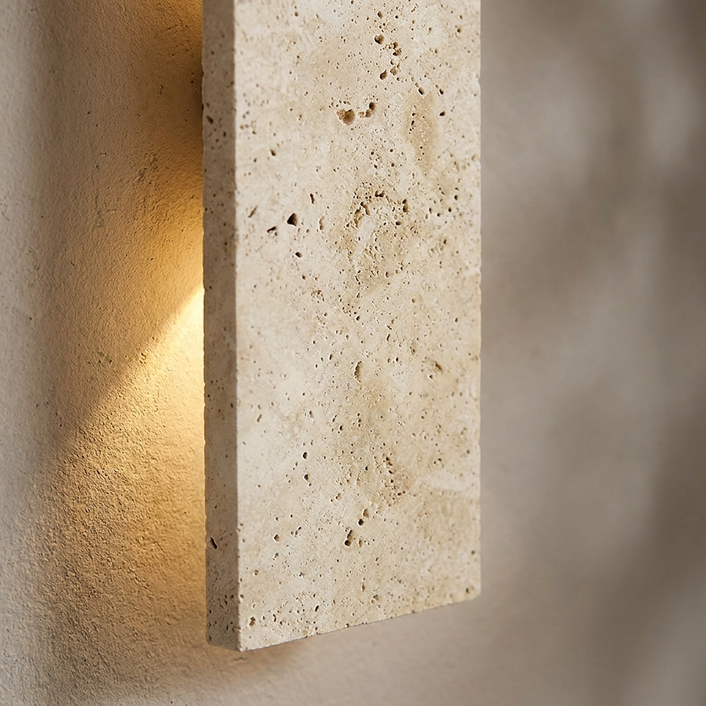 Beige stone wall with a recessed light fixture casting a warm glow.