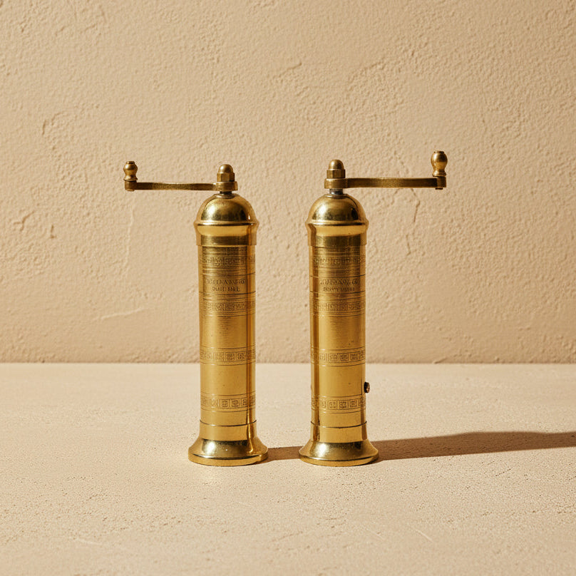 Pair of brass pepper mills on a white background