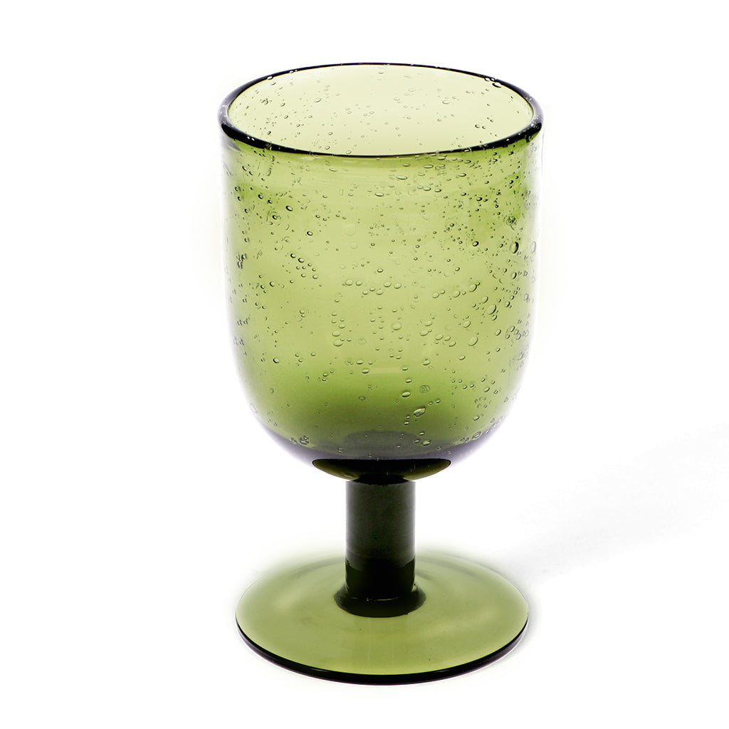 Hand-Blown Stemmed Bubble Goblet Glass - Olive Green