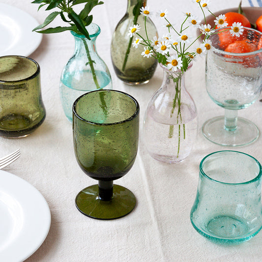 Hand-Blown Stemmed Bubble Goblet Glass - Olive Green