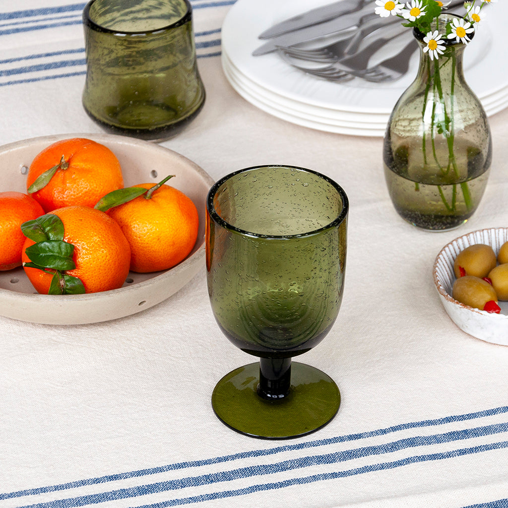 Hand-Blown Stemmed Bubble Goblet Glass - Olive Green