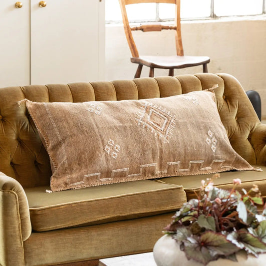 Brown textured pillow on a beige sofa with a plant in the foreground