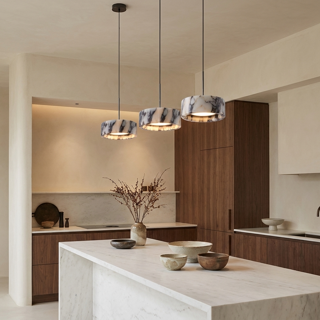 Modern kitchen with marble island and pendant lights