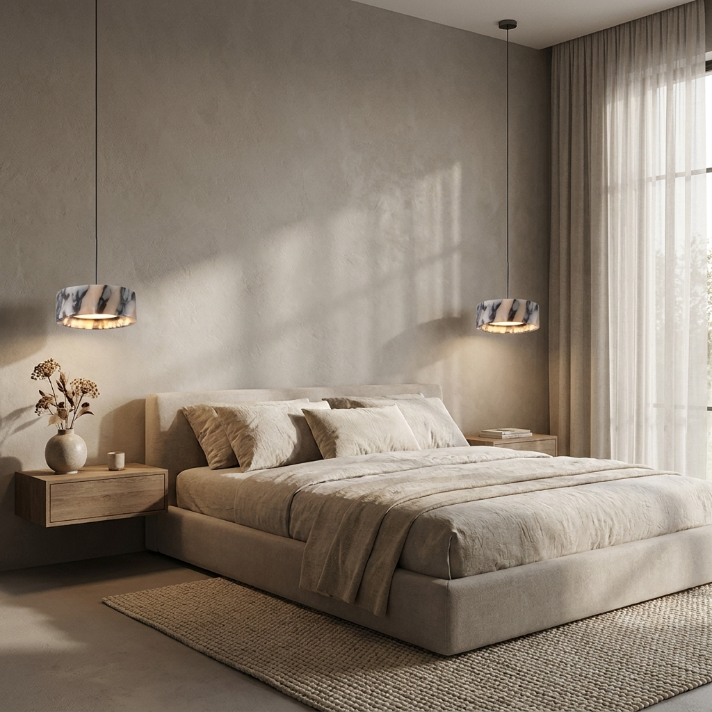 Modern bedroom with a bed, side tables, and pendant lights.