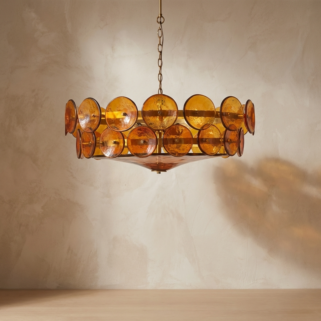 Chandelier with amber-colored glass shades on a beige wall.