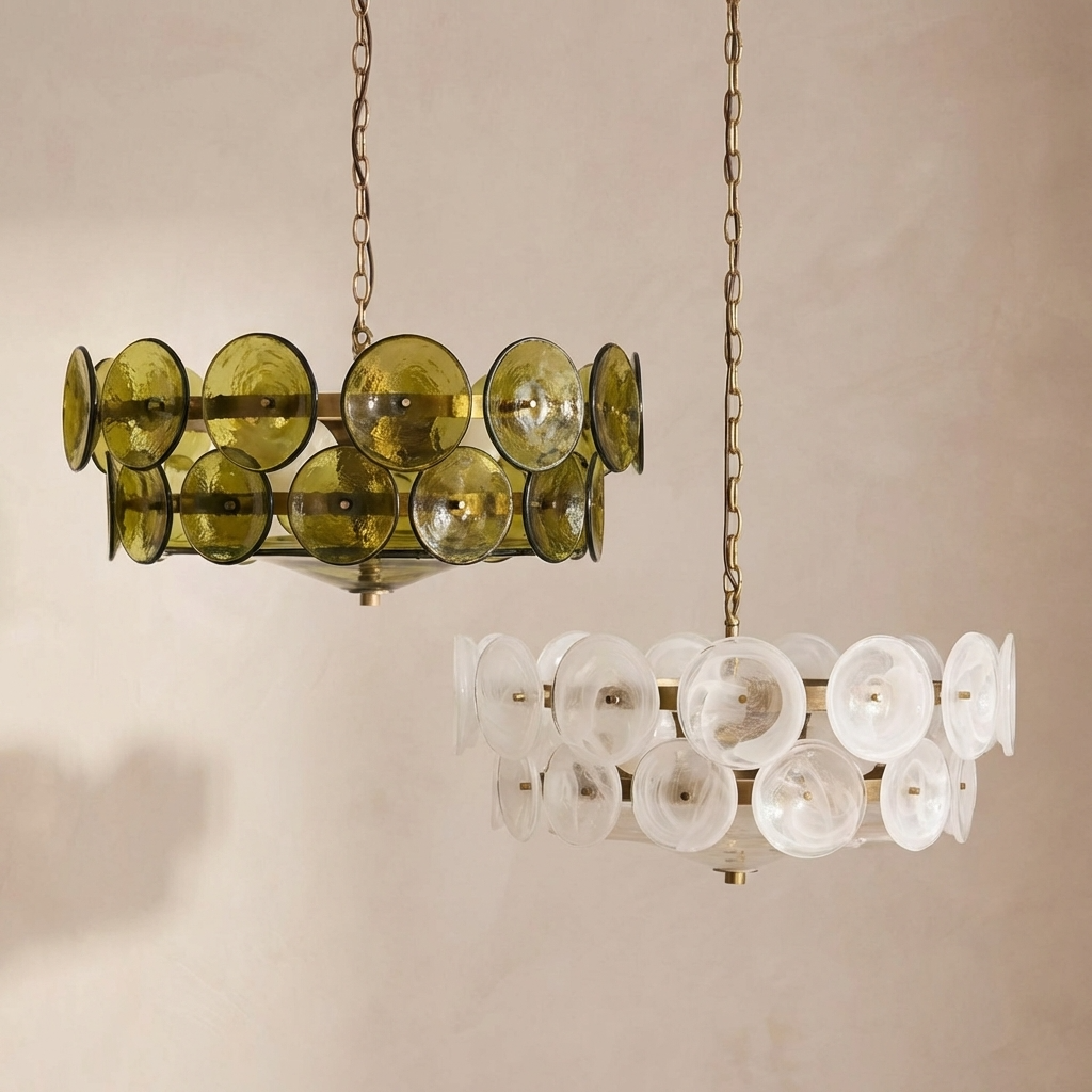 Two chandeliers, one with green glass shades and the other with clear glass shades, hanging against a beige wall.