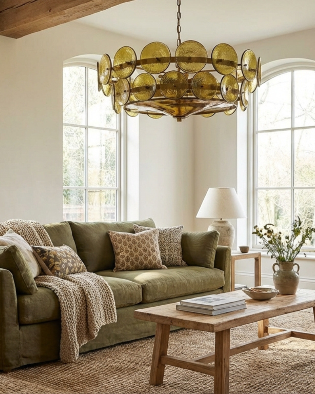 Living room with green sofa, wooden coffee table, and decorative chandelier.