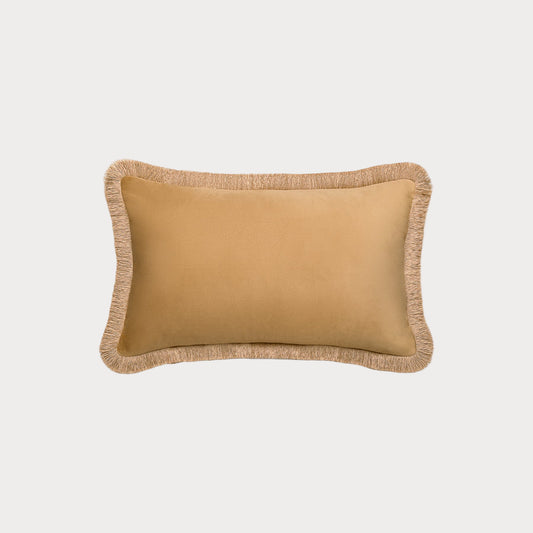 Amber pillow with a gold fringe on a white background