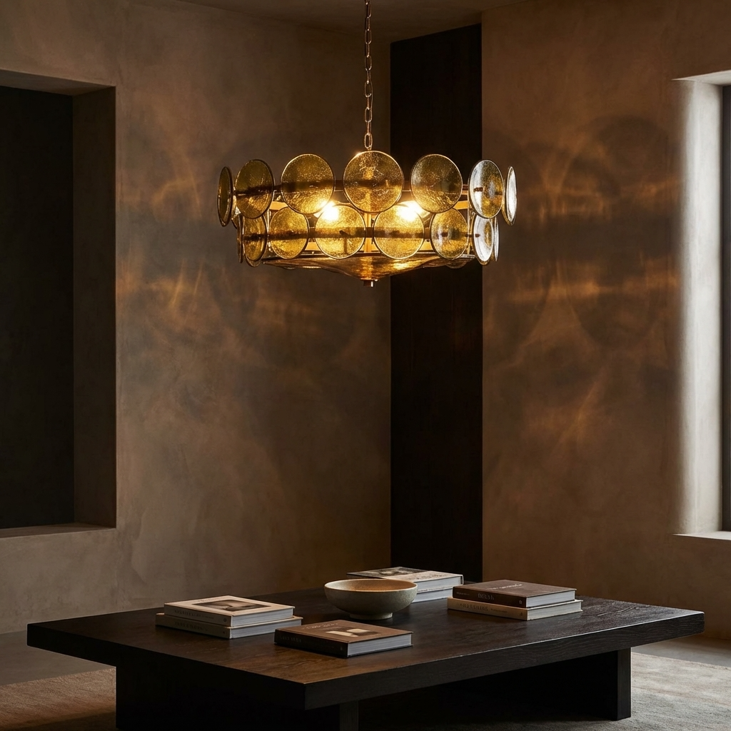 Gold chandelier hanging above a dark wooden table with books and a bowl in a dimly lit room.