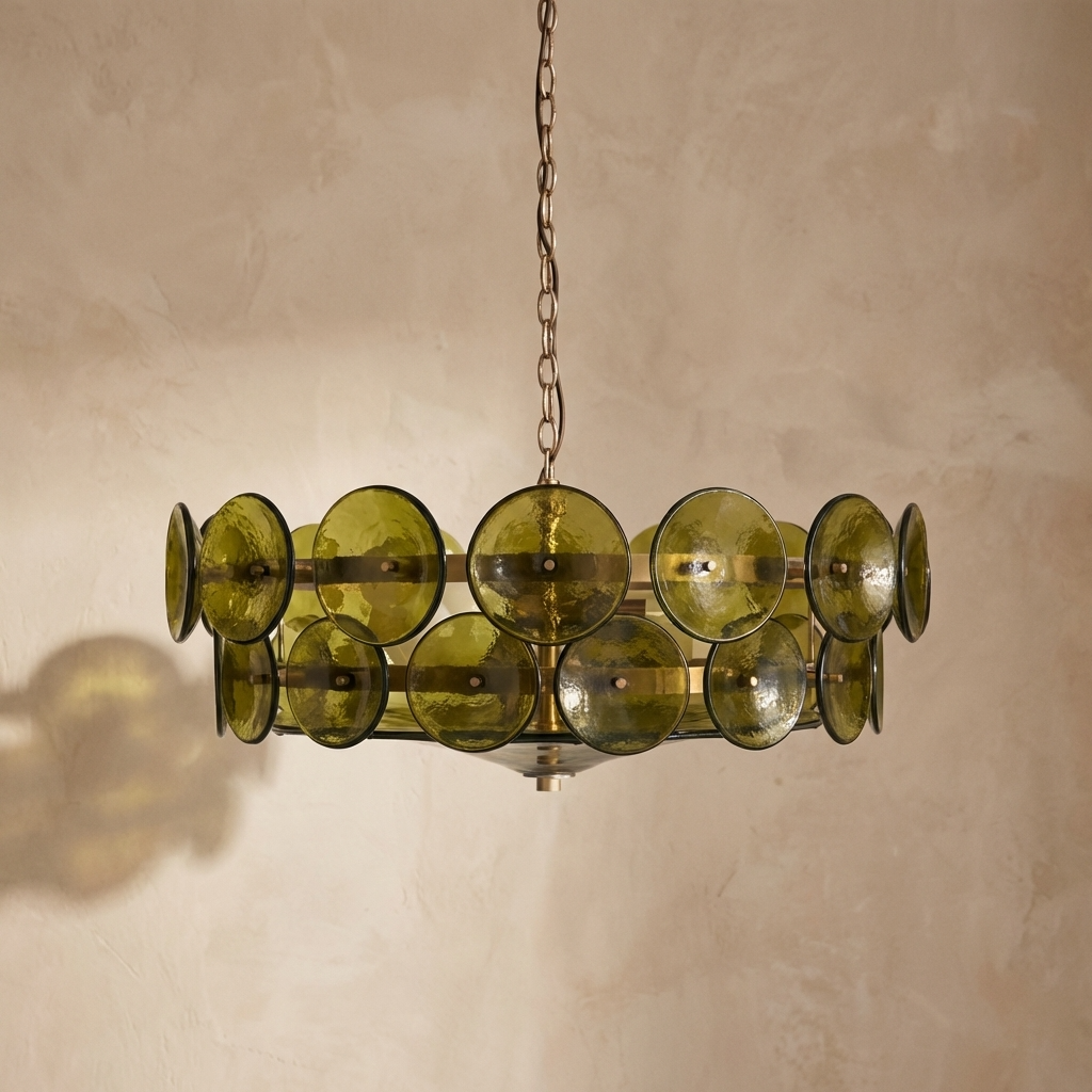 Green chandelier hanging against a beige wall