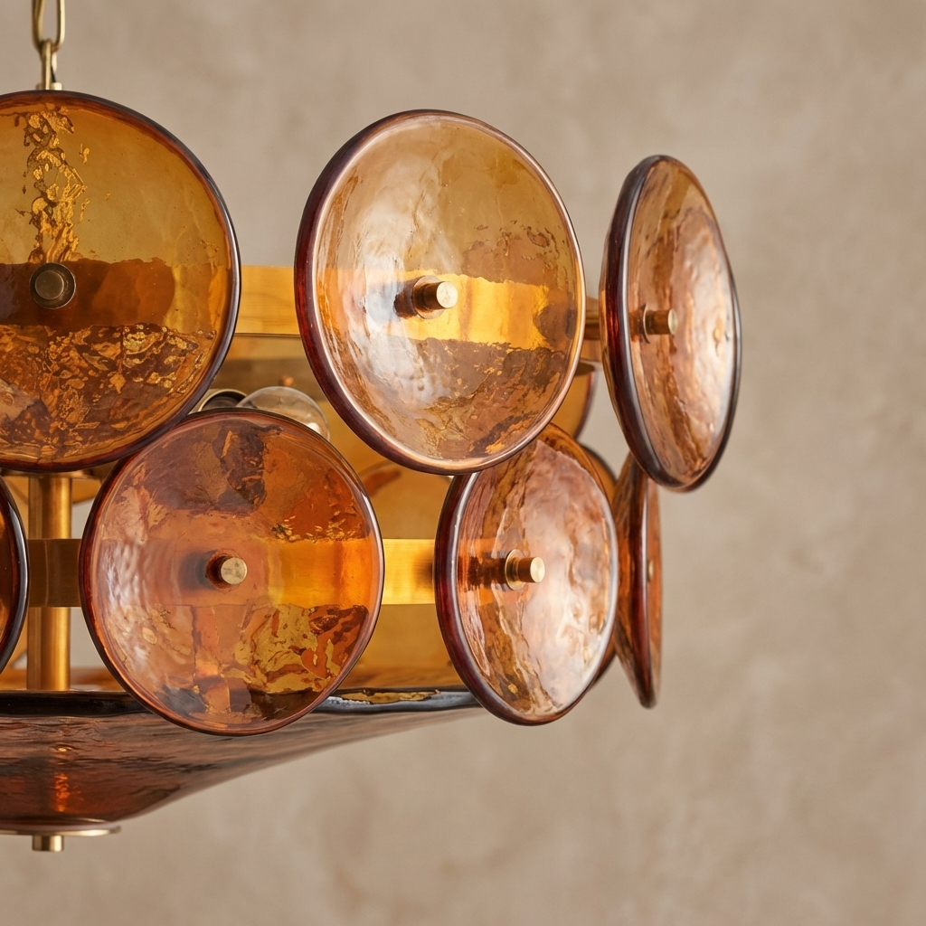 Close-up of a chandelier with copper-like finish on a neutral background