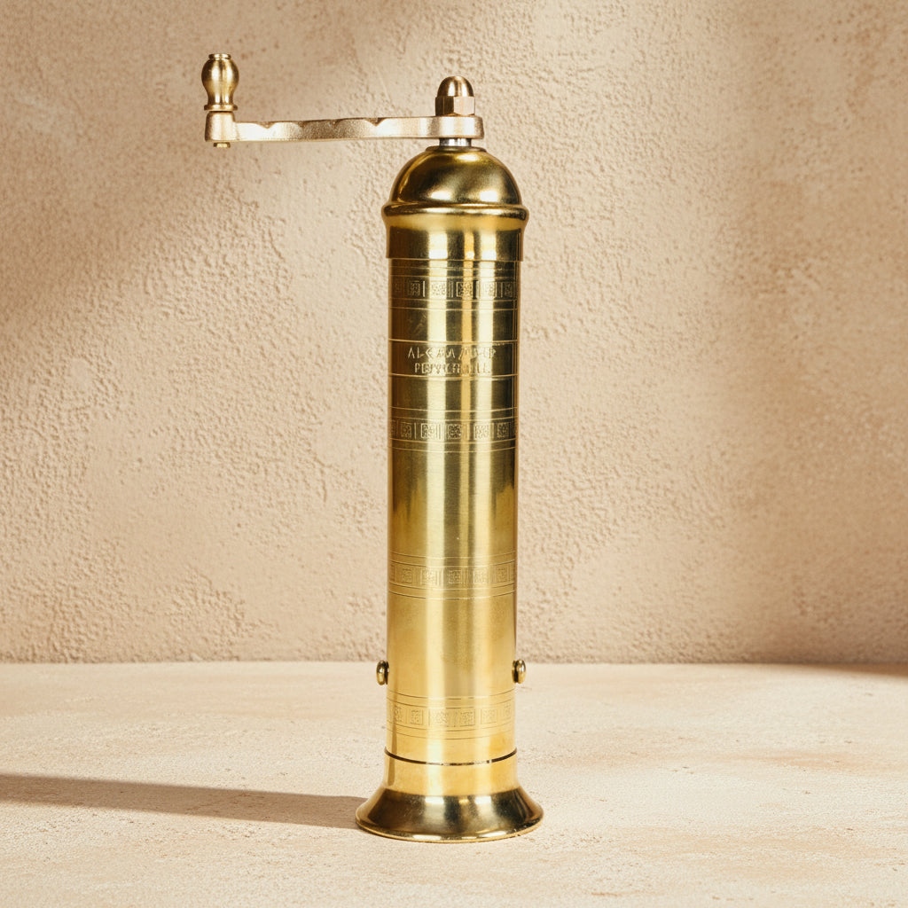 Brass pepper grinder on a white background