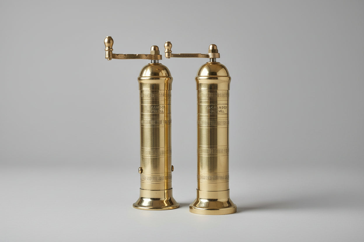 Two brass salt and pepper mills