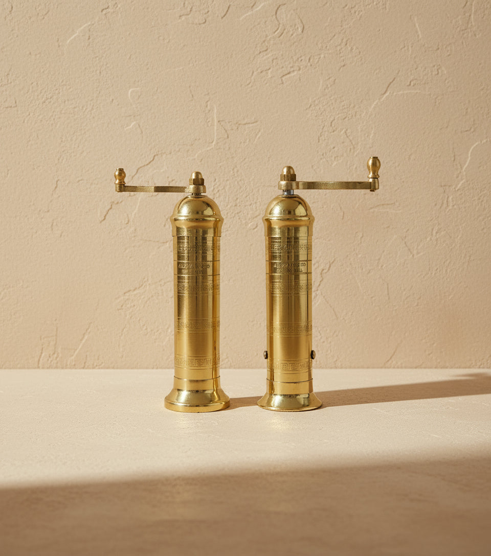 Pair of brass pepper mills on a white background