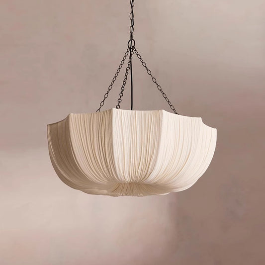 brass chandelier with ruched cotton shade for dining room