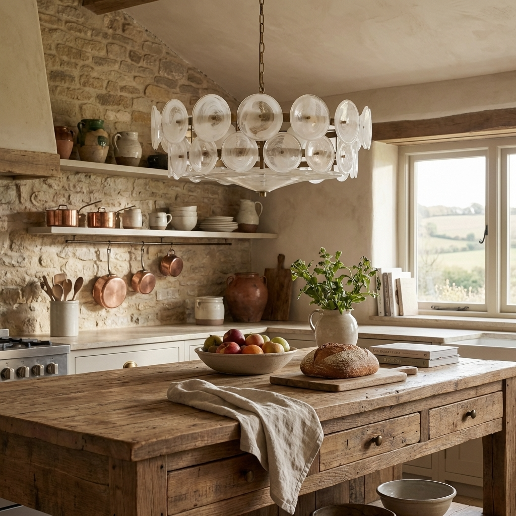 Cozy kitchen with wooden island, stone wall, and chandelier