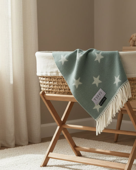 Merino Wool Baby Blanket draped over a cot
