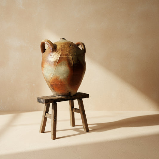 Vintage ceramic jar with a crack on a wooden stand against a plain background