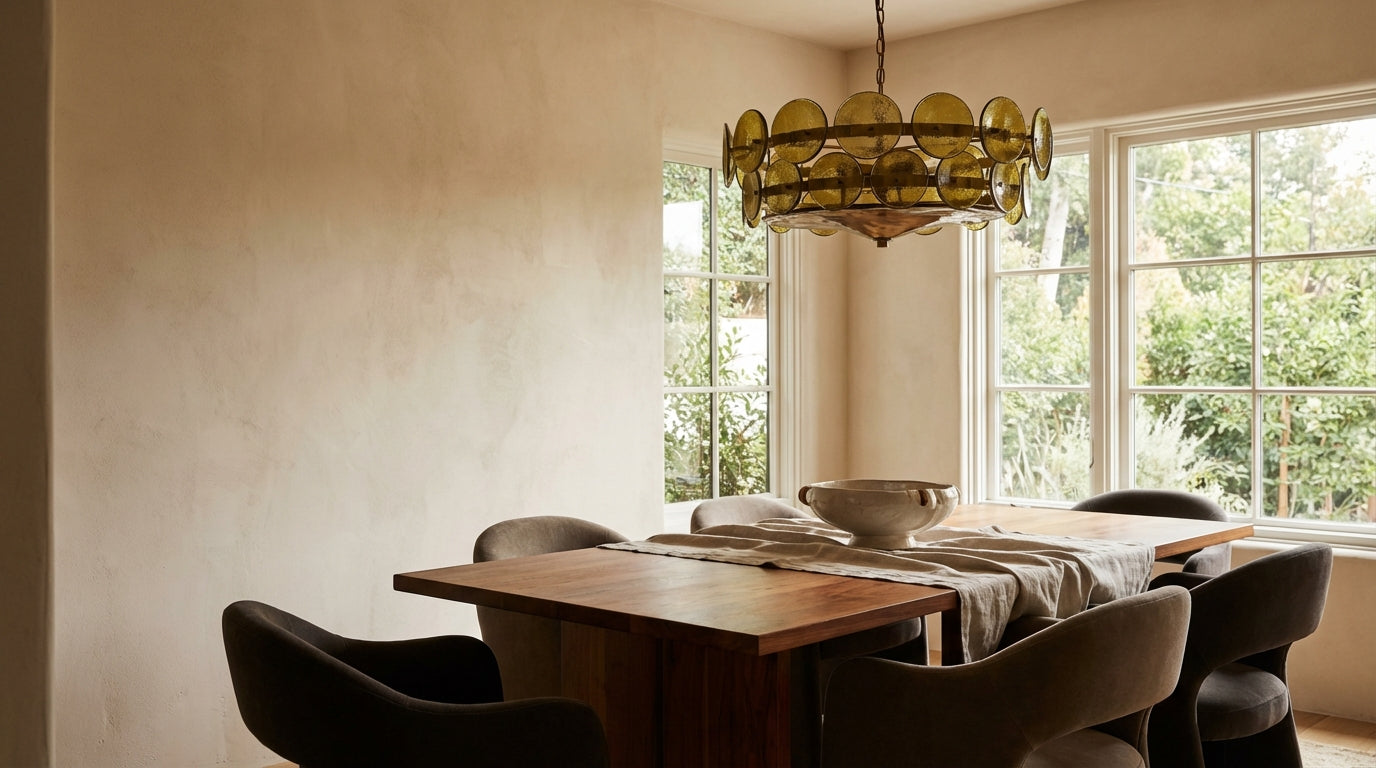 High End Dining Room With Green Glass Chandelier