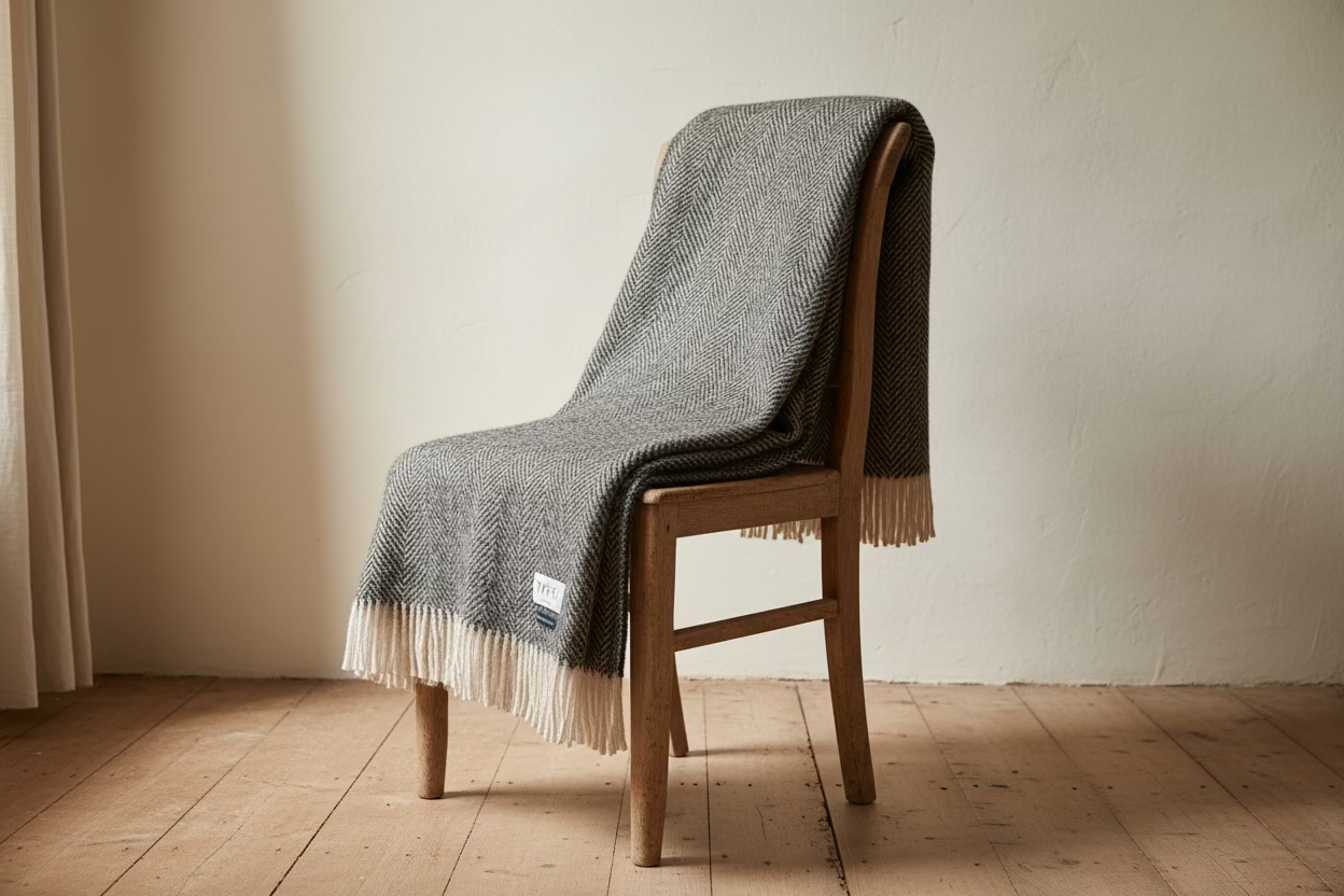 Gray and white herringbone patterned blanket with a brand label on a wooden surface.