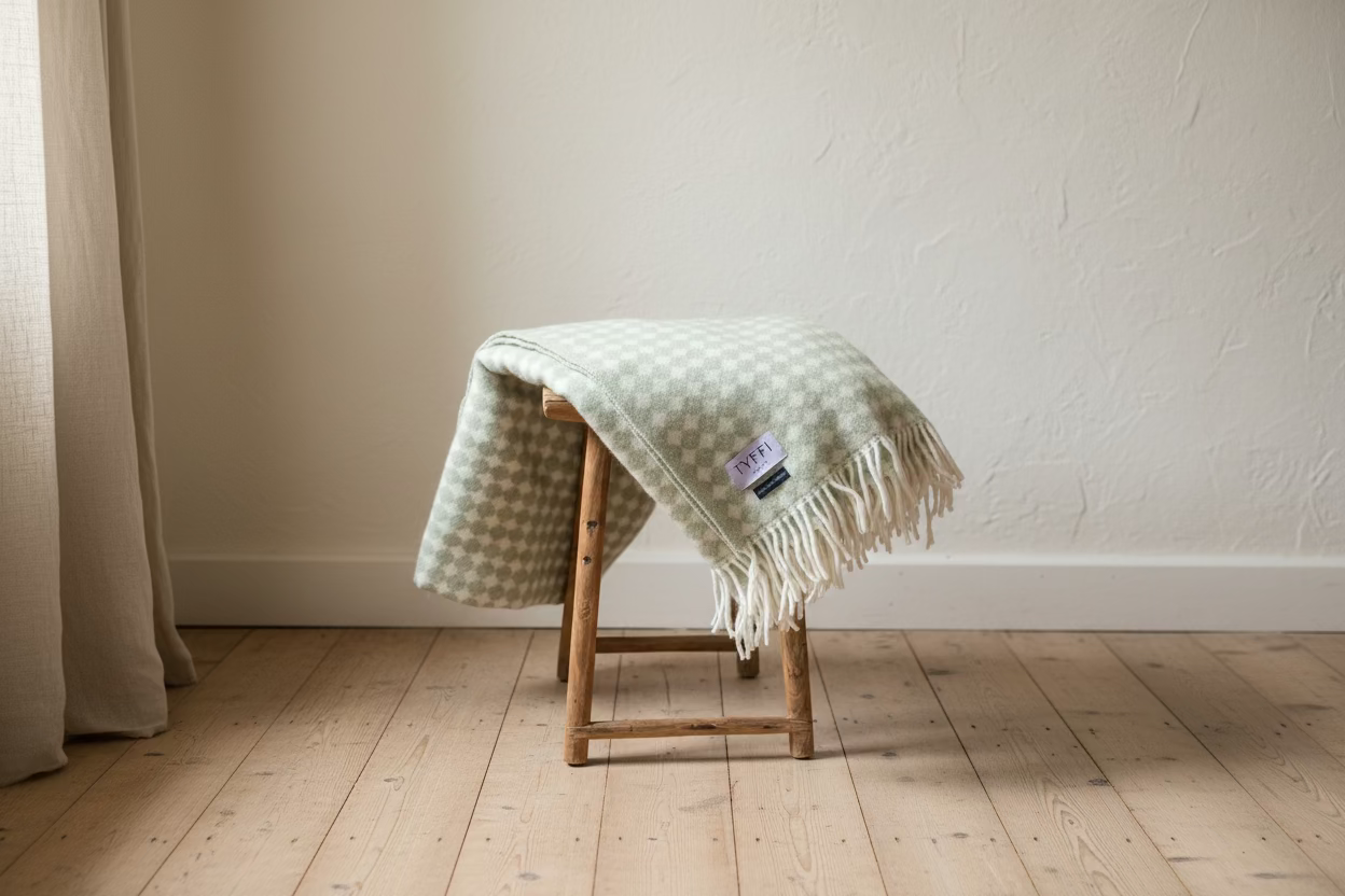 Checkered blanket with tassels on a wooden stool against a gray wall.