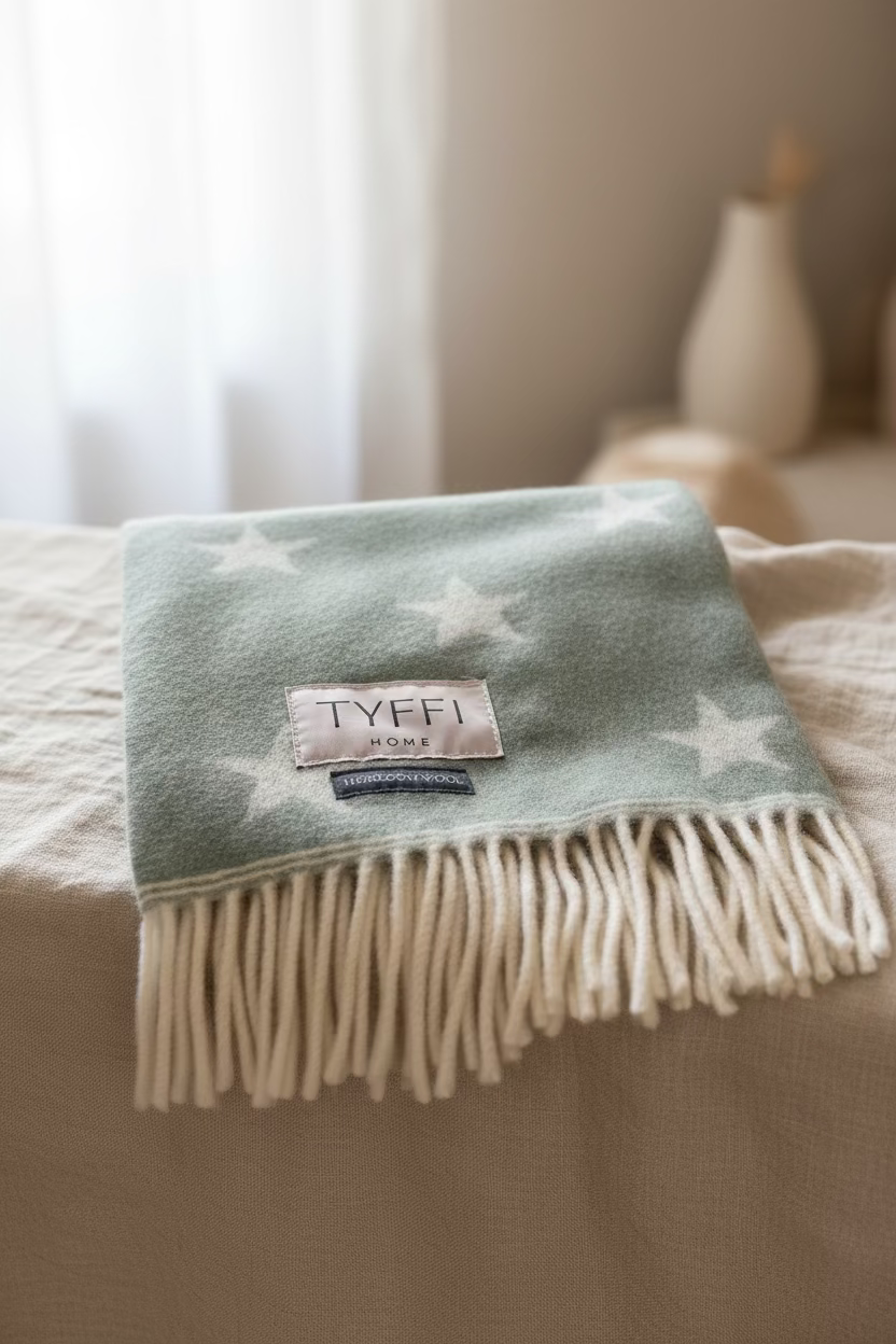 Green blanket with star patterns and fringes on a wooden surface, featuring the Tyffi label.