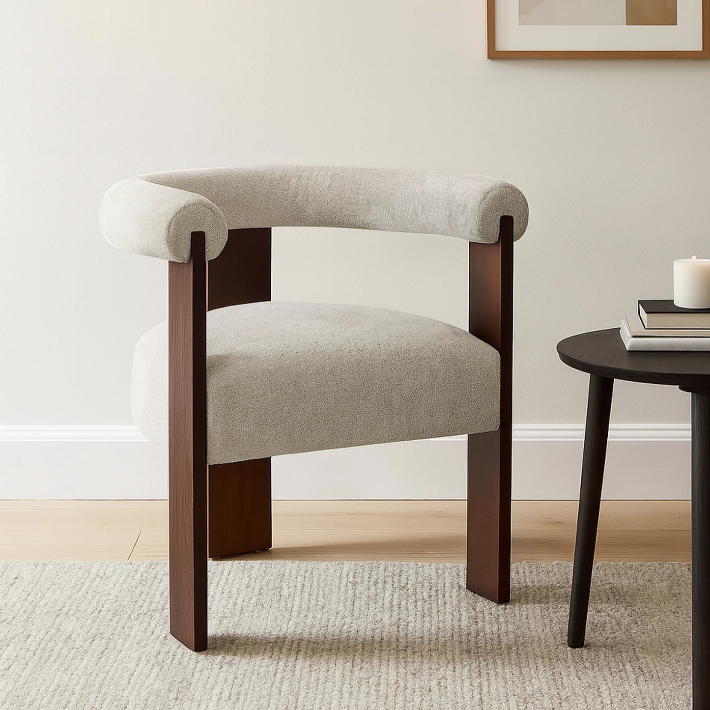 Chair with wooden frame and beige cushion in a room setting
