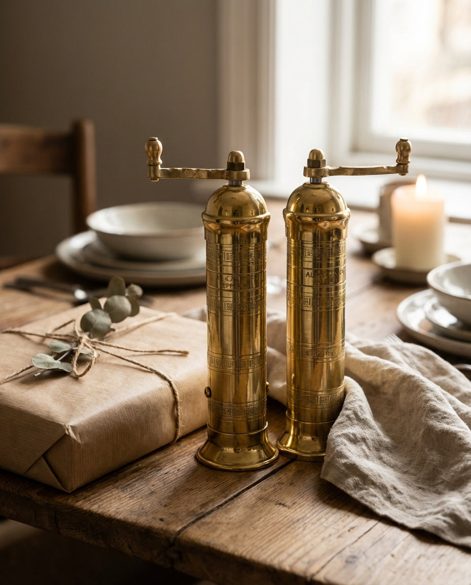Two brass pepper grinders on a wooden table with a candle and plates in the background.