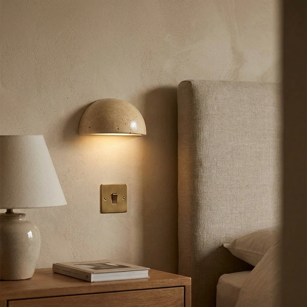bedroom with beige travertine wall lamp, wooden nightstand, and white lampshade.