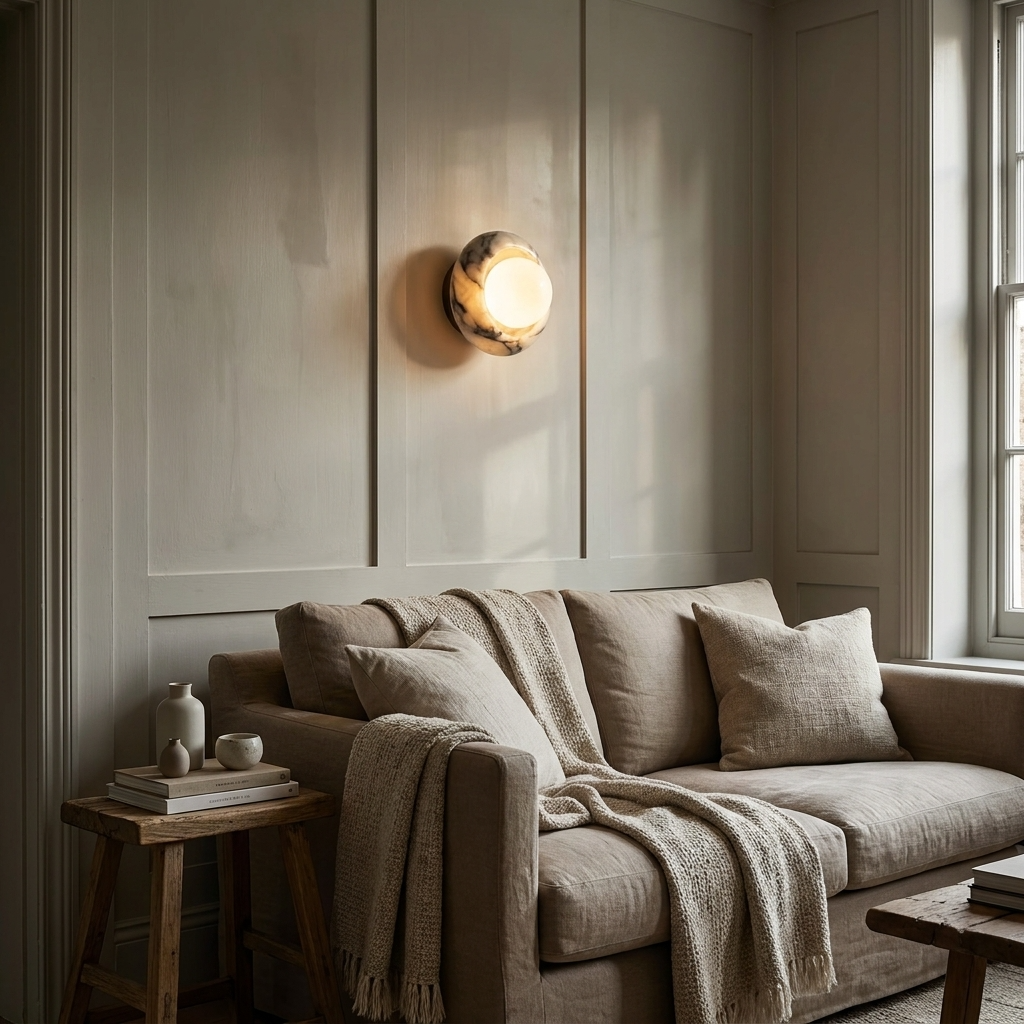Cozy living room with a beige sofa, side table, and wall sconce.