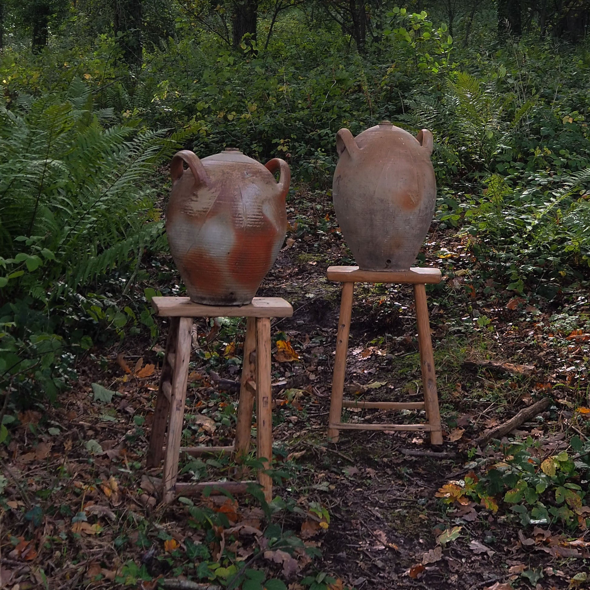 Two vessel objects on stools in a forest setting