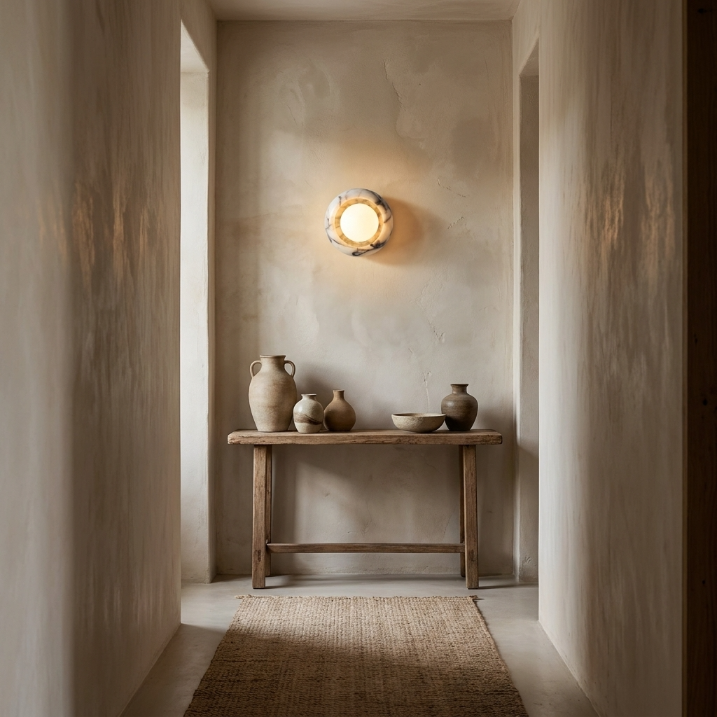 Narrow hallway with a wooden table holding ceramic pots and a wall-mounted light fixture.