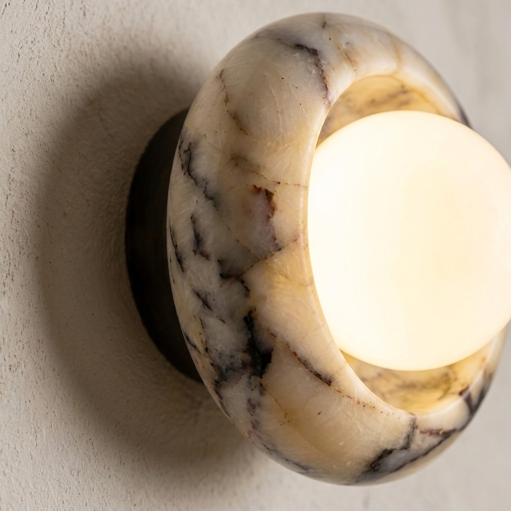 Marble-textured wall sconce with a warm glow on a neutral background