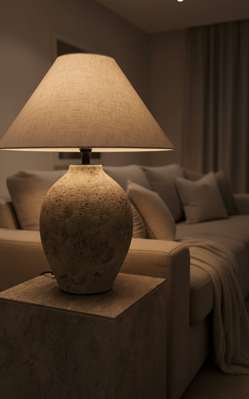 antique style lamp with textured base and beige linen style lampshade on a concrete surface in a cosy living room