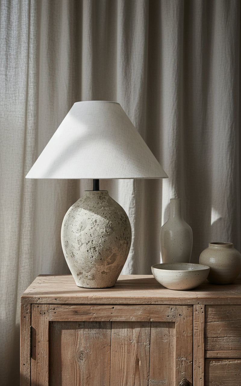 Table lamp with textured base and white shade on a gray background