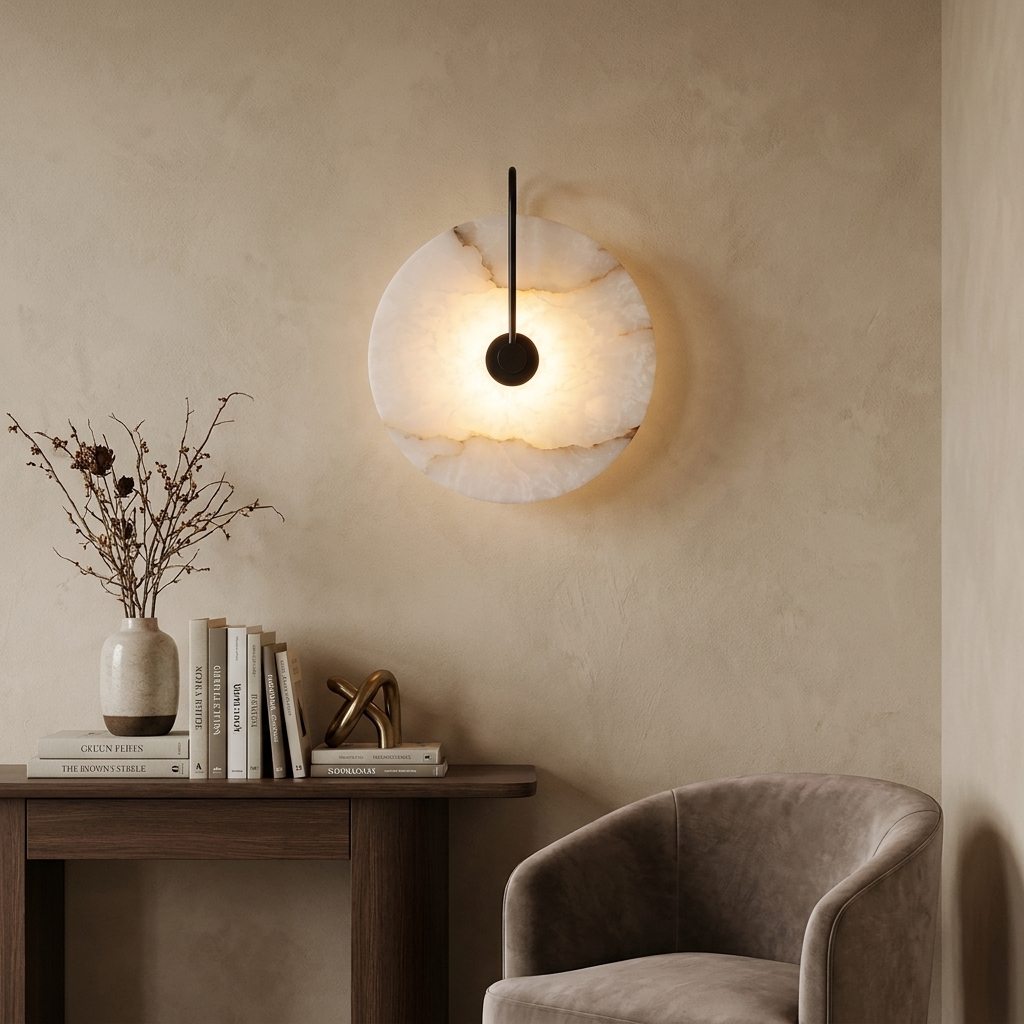 Wall-mounted Alabaster stone light fixture in a room with a table and chair