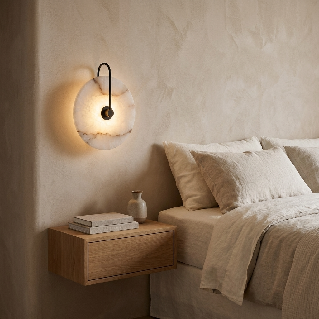 Bedroom with a Alabaster stone wall-mounted light and wooden nightstand