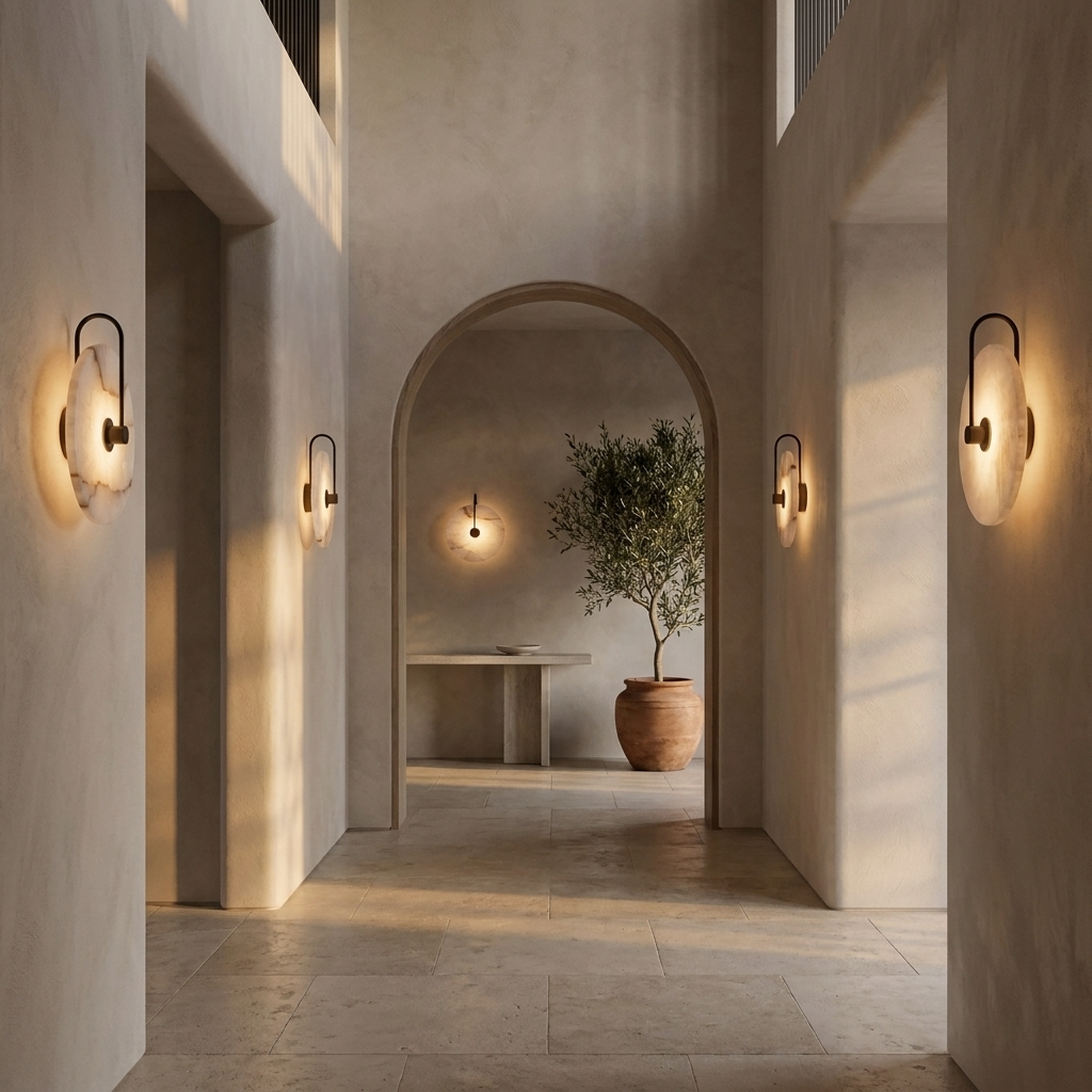 Hotel Hallway with alabaster wall lights
