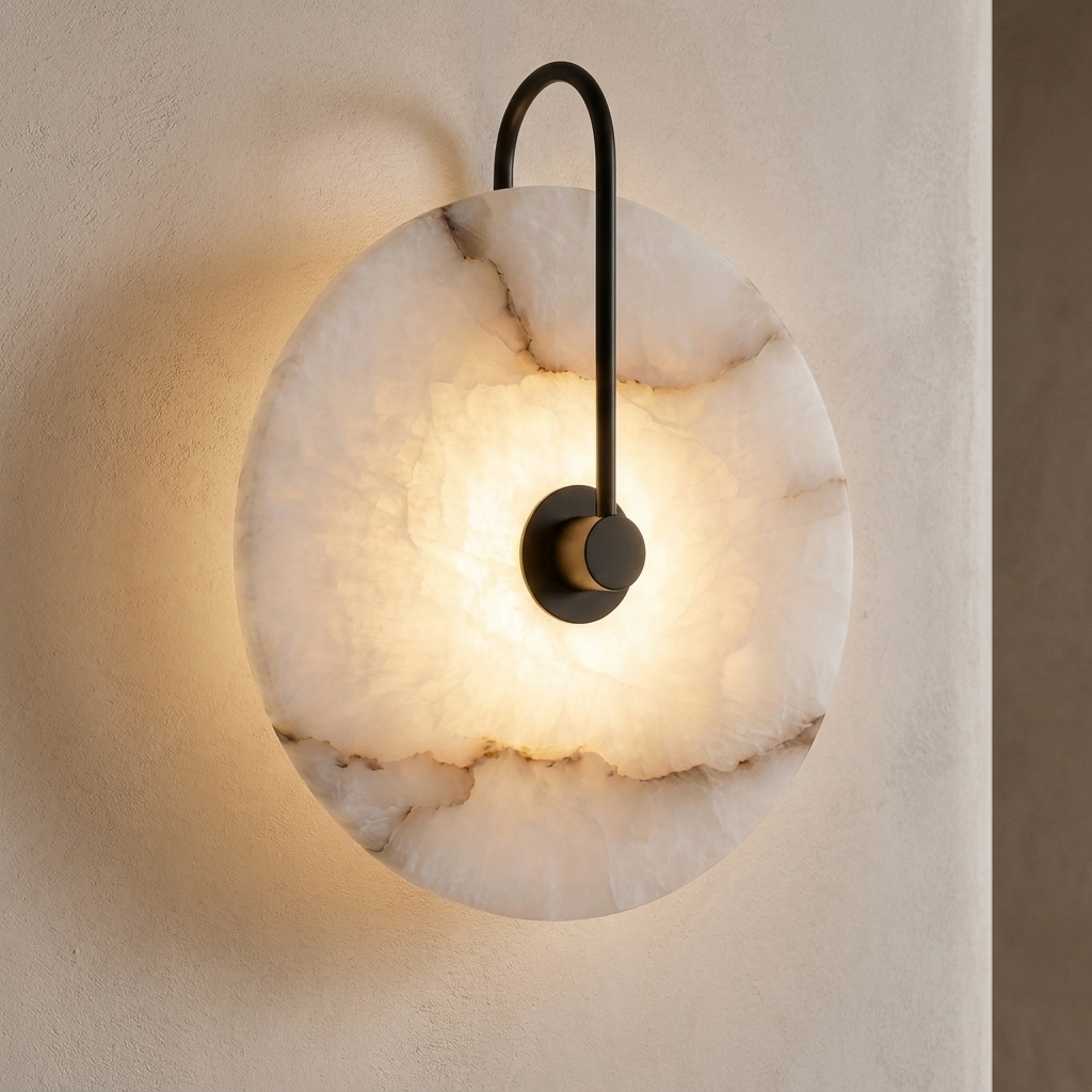 Alabaster Stone Wall-mounted light fixture with black metal arm on a neutral background