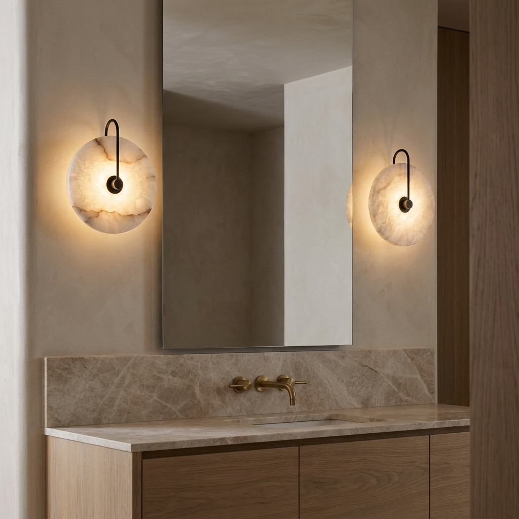 Alabaster stone lights in a bathroom either with marble washstand