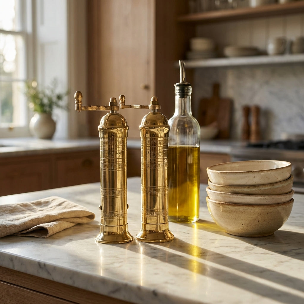 Two brass pepper mills on a kitchen counter with olive oil bottle and bowls in the background.